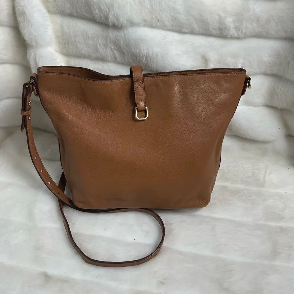Covet by Stell &Dot leather tan shoulder/ crossbody bag with gold tone accents